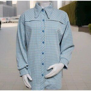 Vintage Leisure Suit Top Womens XXL Shirt Jacket Plaid Disco Hip 70s Polyester